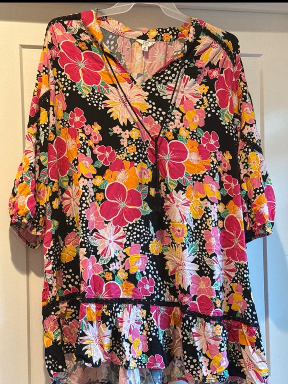 crown & ivy Black Floral Midi Dress with Pink & Yellow Blooms